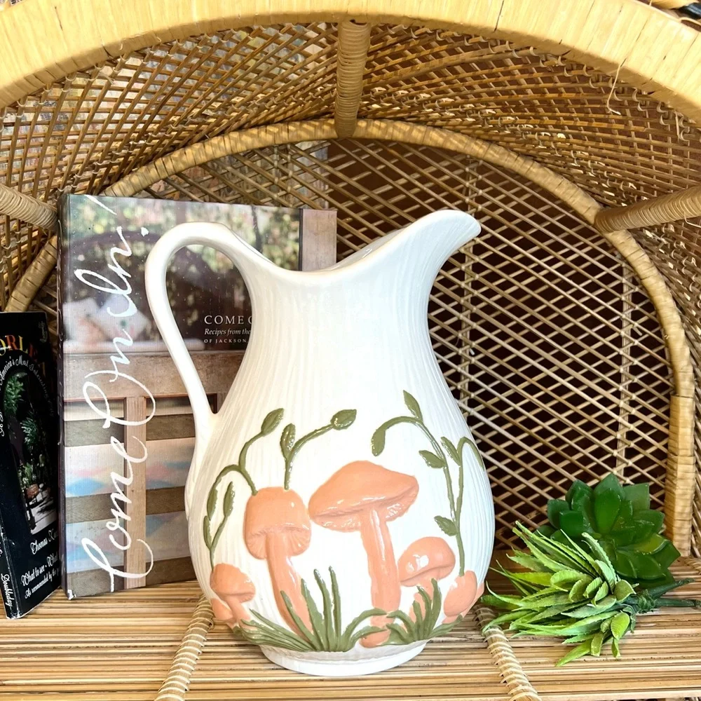 Vintage 1978 Arnels Ceramic Large Water Pitcher Vase Texture Blush Pink Mushroom